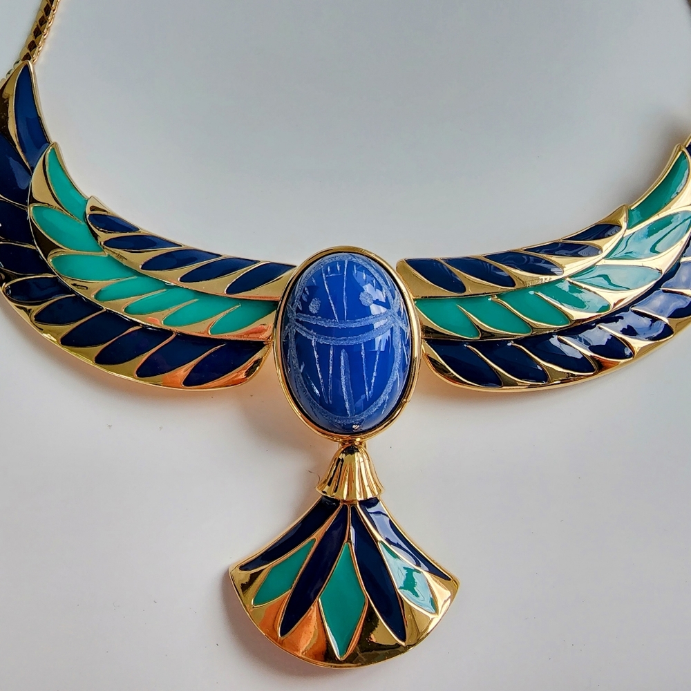 CHRISTMAS GIFT Franklin Mint Jewel Nile Necklace Cabochon Onyx Scarab Beetle 22k